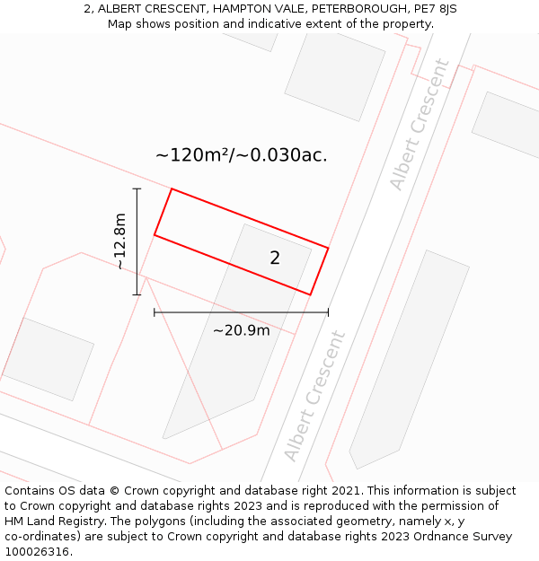 2, ALBERT CRESCENT, HAMPTON VALE, PETERBOROUGH, PE7 8JS: Plot and title map