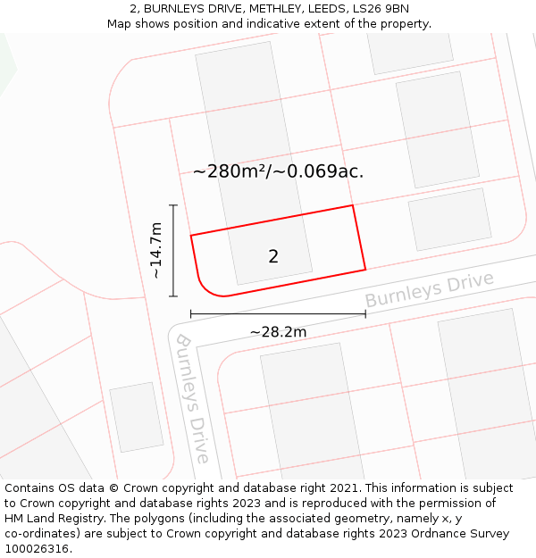 2, BURNLEYS DRIVE, METHLEY, LEEDS, LS26 9BN: Plot and title map