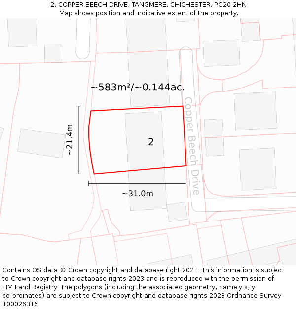 2, COPPER BEECH DRIVE, TANGMERE, CHICHESTER, PO20 2HN: Plot and title map