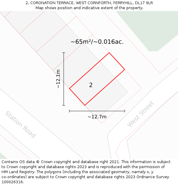 2, CORONATION TERRACE, WEST CORNFORTH, FERRYHILL, DL17 9LR: Plot and title map
