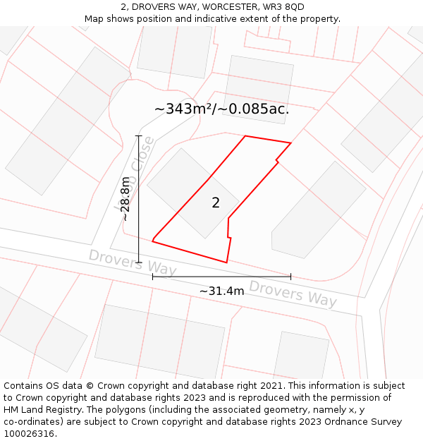 2, DROVERS WAY, WORCESTER, WR3 8QD: Plot and title map