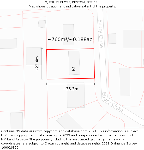 2, EBURY CLOSE, KESTON, BR2 6EL: Plot and title map