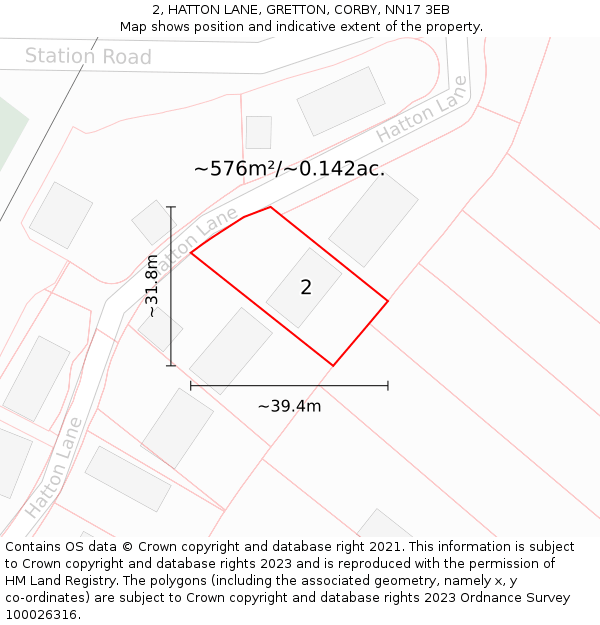 2, HATTON LANE, GRETTON, CORBY, NN17 3EB: Plot and title map