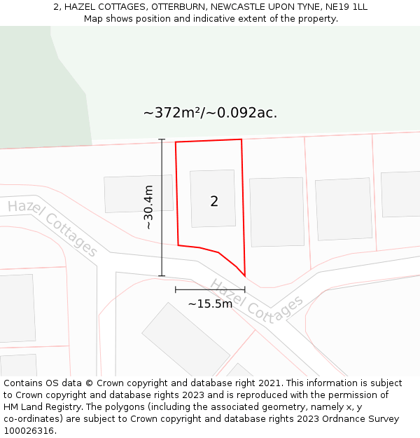 2, HAZEL COTTAGES, OTTERBURN, NEWCASTLE UPON TYNE, NE19 1LL: Plot and title map