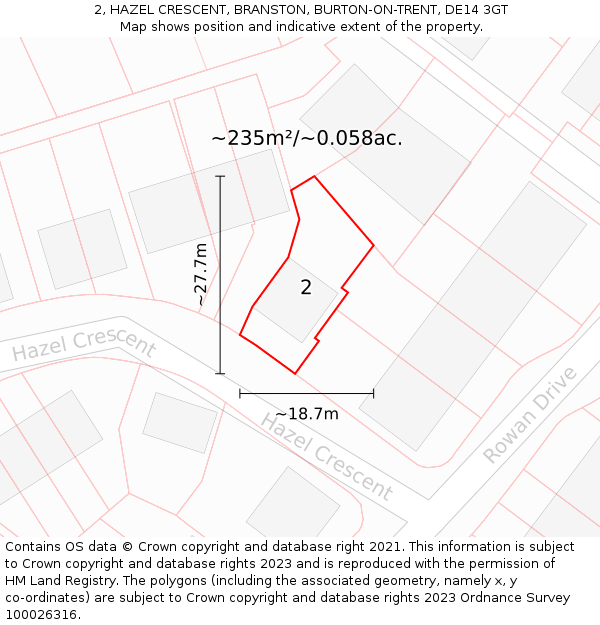 2, HAZEL CRESCENT, BRANSTON, BURTON-ON-TRENT, DE14 3GT: Plot and title map