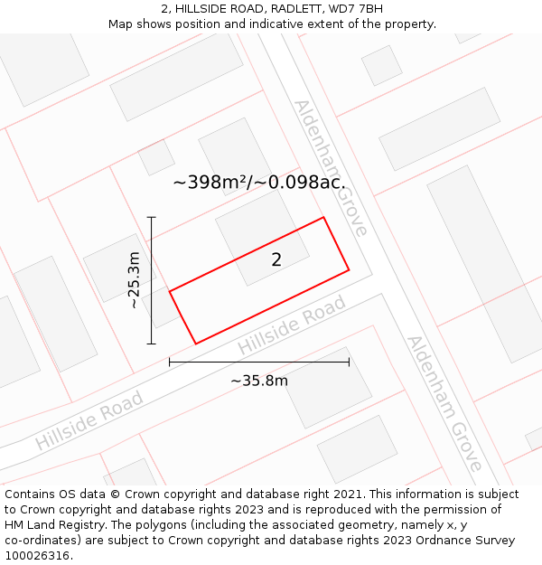 2, HILLSIDE ROAD, RADLETT, WD7 7BH: Plot and title map