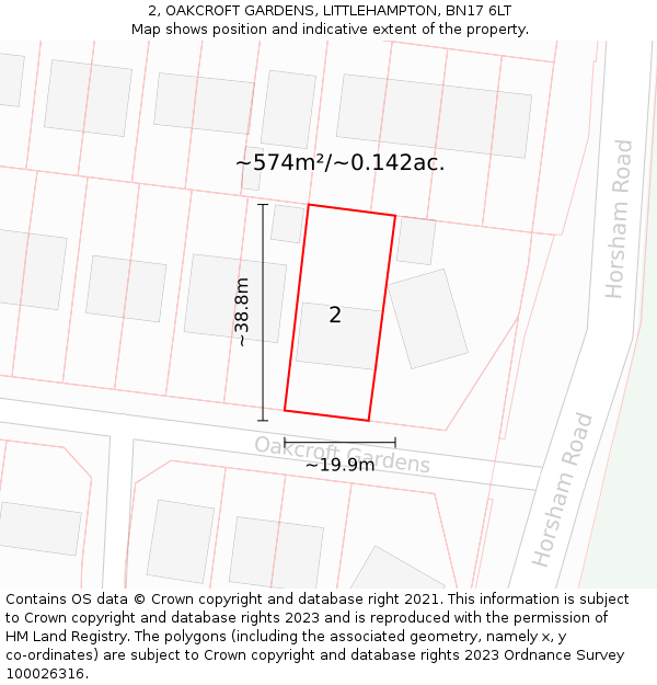 2, OAKCROFT GARDENS, LITTLEHAMPTON, BN17 6LT: Plot and title map