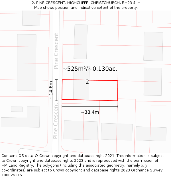 2, PINE CRESCENT, HIGHCLIFFE, CHRISTCHURCH, BH23 4LH: Plot and title map