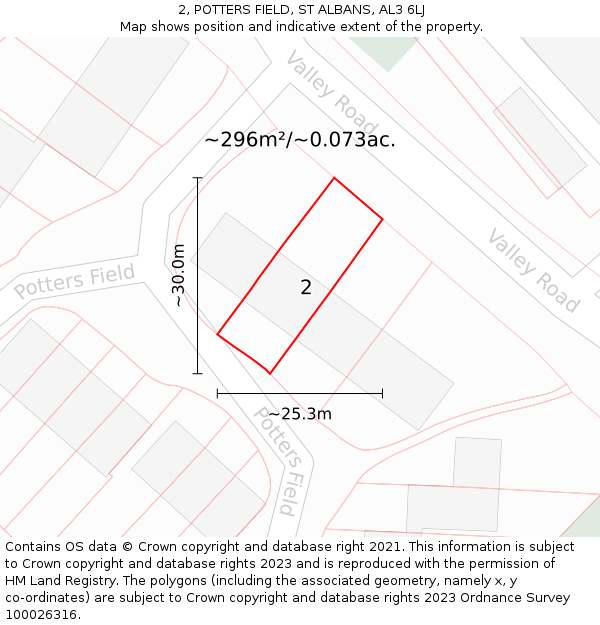 2, POTTERS FIELD, ST ALBANS, AL3 6LJ: Plot and title map