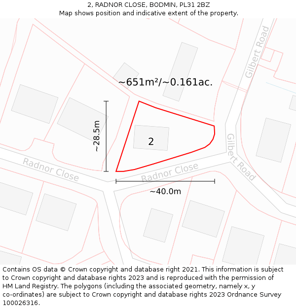 2, RADNOR CLOSE, BODMIN, PL31 2BZ: Plot and title map