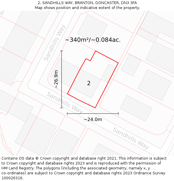 2, SANDHILLS WAY, BRANTON, DONCASTER, DN3 3FA: Plot and title map