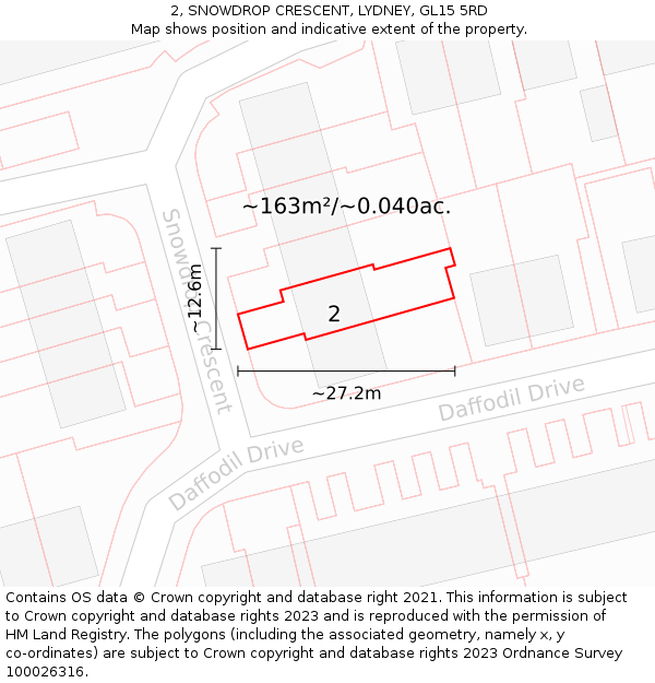 2, SNOWDROP CRESCENT, LYDNEY, GL15 5RD: Plot and title map