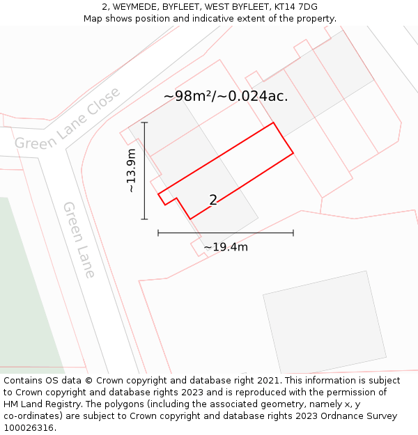 2, WEYMEDE, BYFLEET, WEST BYFLEET, KT14 7DG: Plot and title map