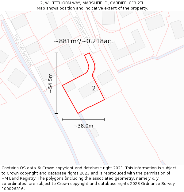 2, WHITETHORN WAY, MARSHFIELD, CARDIFF, CF3 2TL: Plot and title map