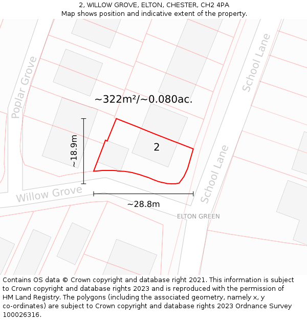 2, WILLOW GROVE, ELTON, CHESTER, CH2 4PA: Plot and title map