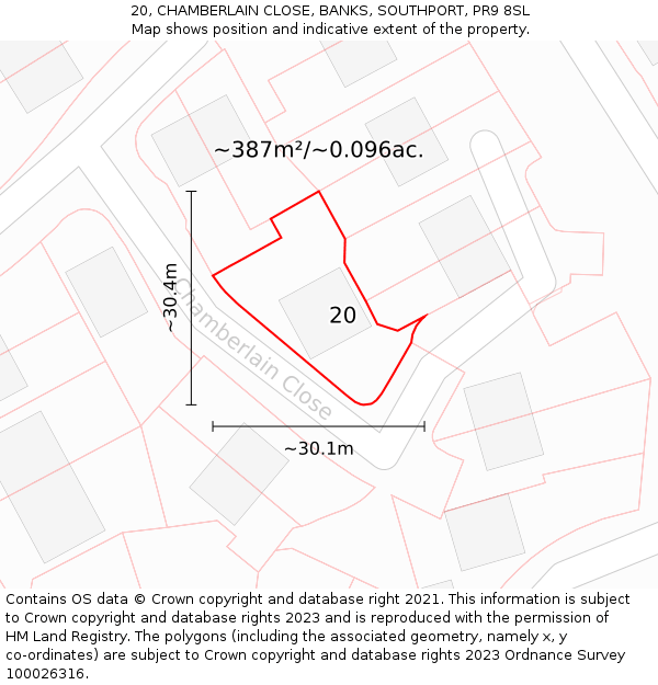20, CHAMBERLAIN CLOSE, BANKS, SOUTHPORT, PR9 8SL: Plot and title map