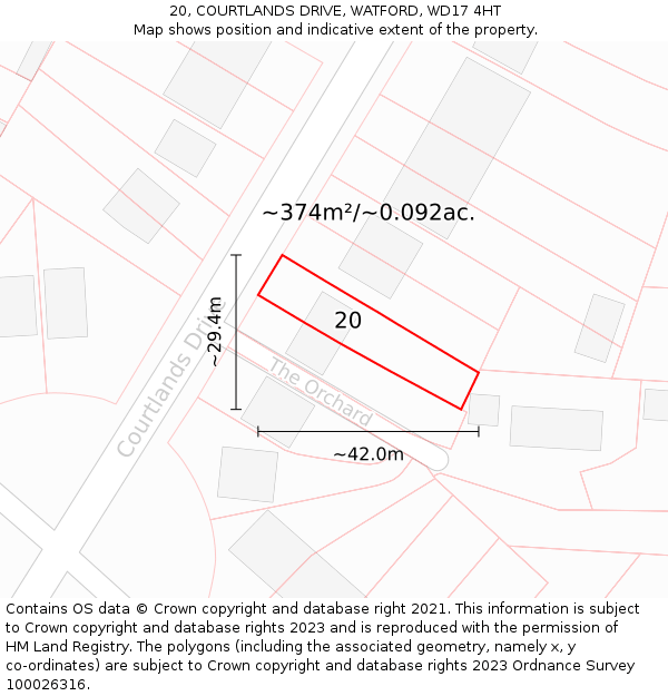 20, COURTLANDS DRIVE, WATFORD, WD17 4HT: Plot and title map