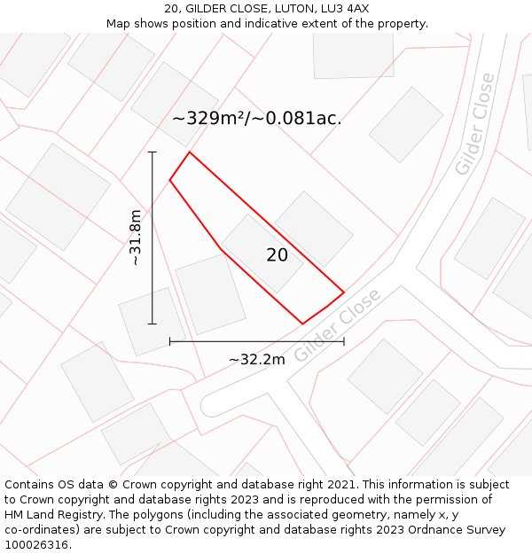 20, GILDER CLOSE, LUTON, LU3 4AX: Plot and title map