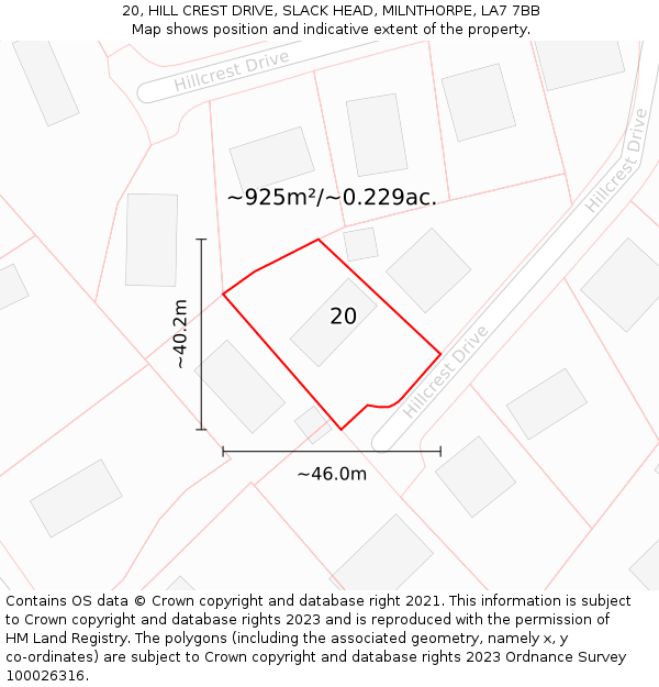 20, HILL CREST DRIVE, SLACK HEAD, MILNTHORPE, LA7 7BB: Plot and title map