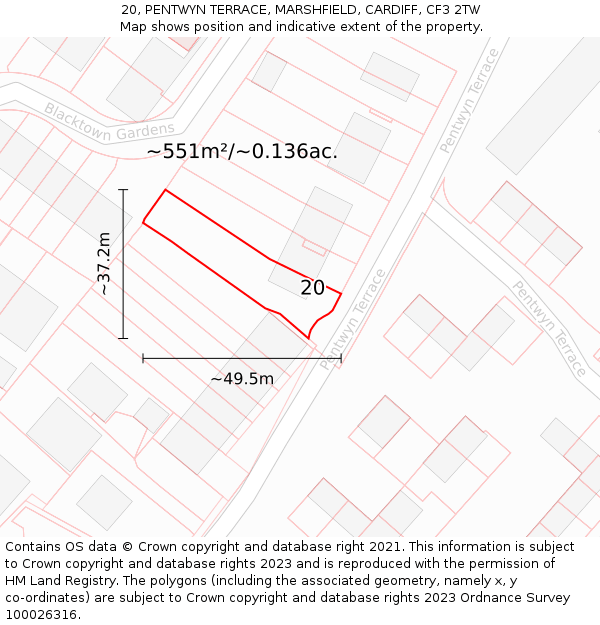 20, PENTWYN TERRACE, MARSHFIELD, CARDIFF, CF3 2TW: Plot and title map
