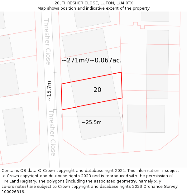 20, THRESHER CLOSE, LUTON, LU4 0TX: Plot and title map