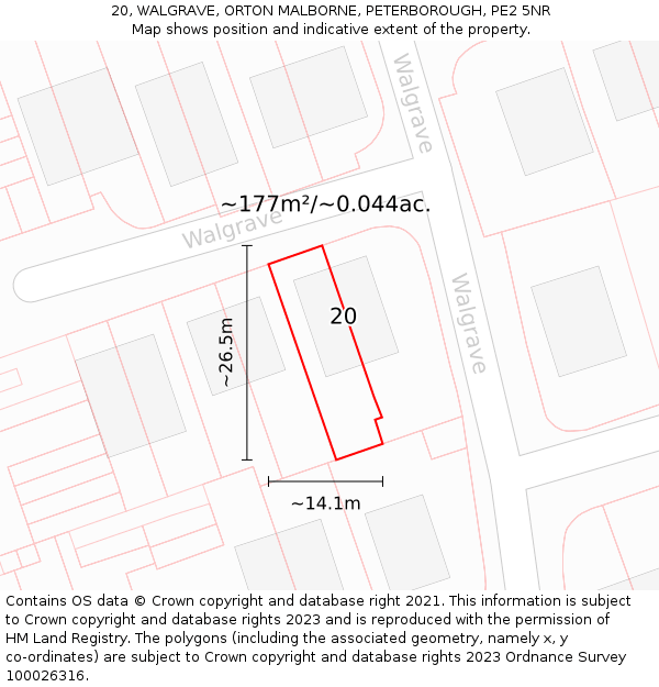 20, WALGRAVE, ORTON MALBORNE, PETERBOROUGH, PE2 5NR: Plot and title map