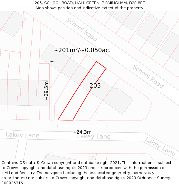 205, SCHOOL ROAD, HALL GREEN, BIRMINGHAM, B28 8PE: Plot and title map