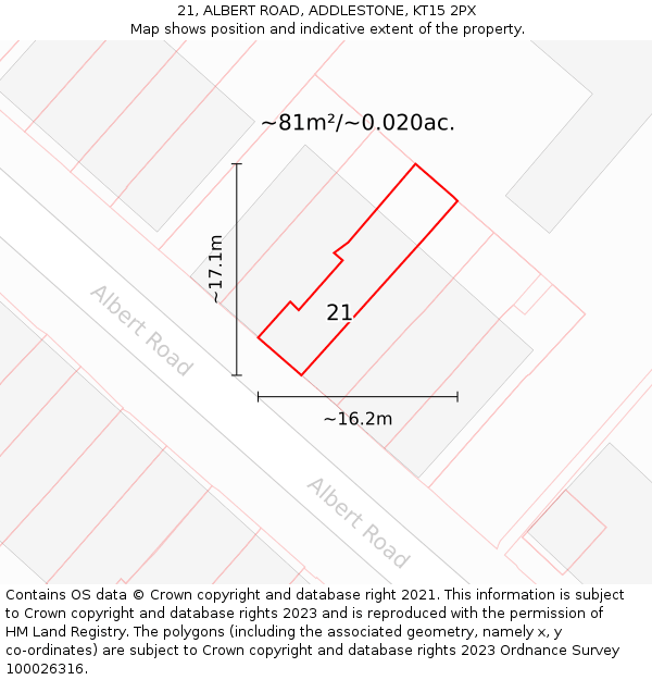 21, ALBERT ROAD, ADDLESTONE, KT15 2PX: Plot and title map