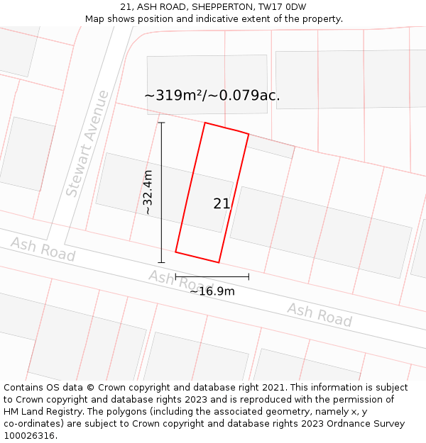 21, ASH ROAD, SHEPPERTON, TW17 0DW: Plot and title map