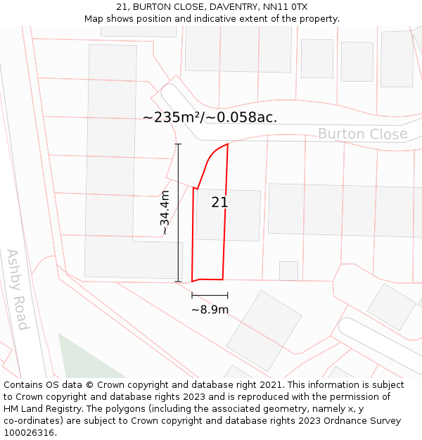 21, BURTON CLOSE, DAVENTRY, NN11 0TX: Plot and title map
