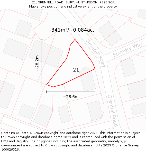 21, GRENFELL ROAD, BURY, HUNTINGDON, PE26 2QR: Plot and title map