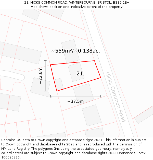 21, HICKS COMMON ROAD, WINTERBOURNE, BRISTOL, BS36 1EH: Plot and title map