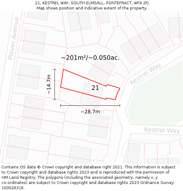 21, KESTREL WAY, SOUTH ELMSALL, PONTEFRACT, WF9 2FJ: Plot and title map