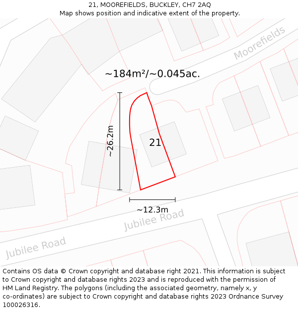 21, MOOREFIELDS, BUCKLEY, CH7 2AQ: Plot and title map