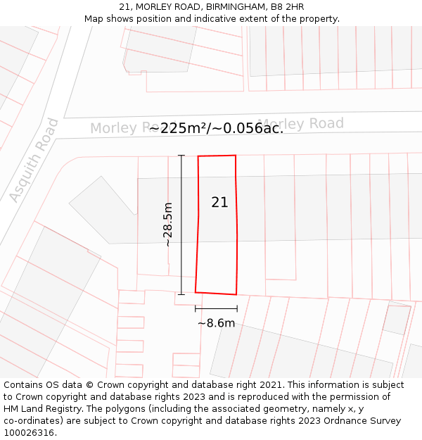 21, MORLEY ROAD, BIRMINGHAM, B8 2HR: Plot and title map