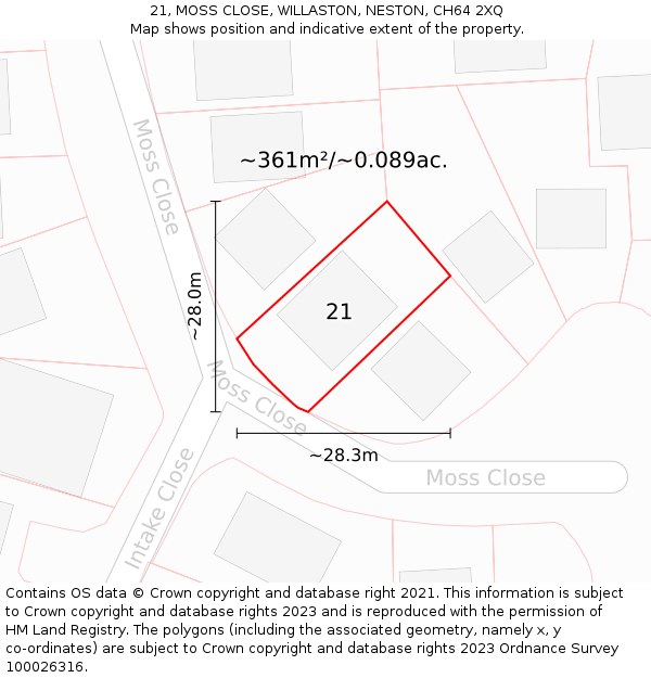 21, MOSS CLOSE, WILLASTON, NESTON, CH64 2XQ: Plot and title map
