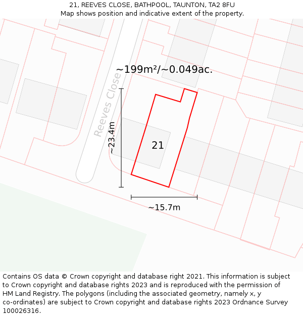 21, REEVES CLOSE, BATHPOOL, TAUNTON, TA2 8FU: Plot and title map