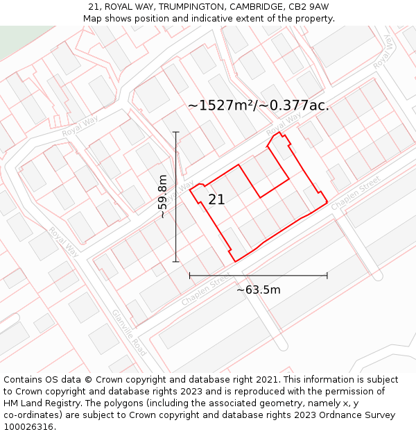 21, ROYAL WAY, TRUMPINGTON, CAMBRIDGE, CB2 9AW: Plot and title map