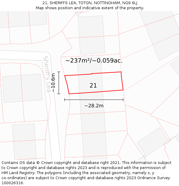 21, SHERIFFS LEA, TOTON, NOTTINGHAM, NG9 6LJ: Plot and title map