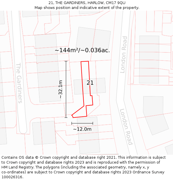 21, THE GARDINERS, HARLOW, CM17 9QU: Plot and title map