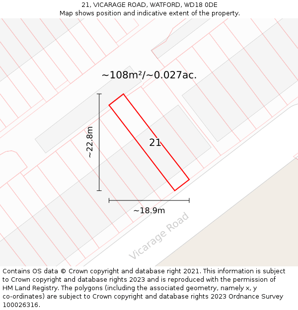 21, VICARAGE ROAD, WATFORD, WD18 0DE: Plot and title map