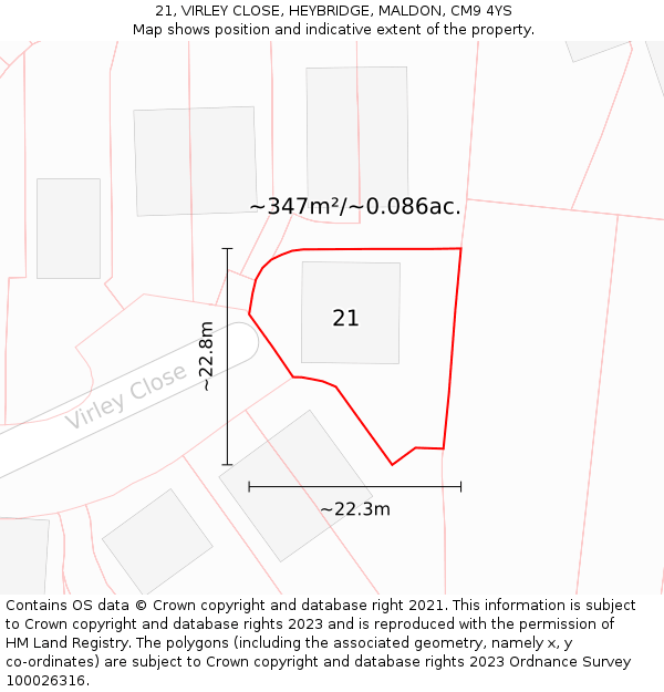 21, VIRLEY CLOSE, HEYBRIDGE, MALDON, CM9 4YS: Plot and title map