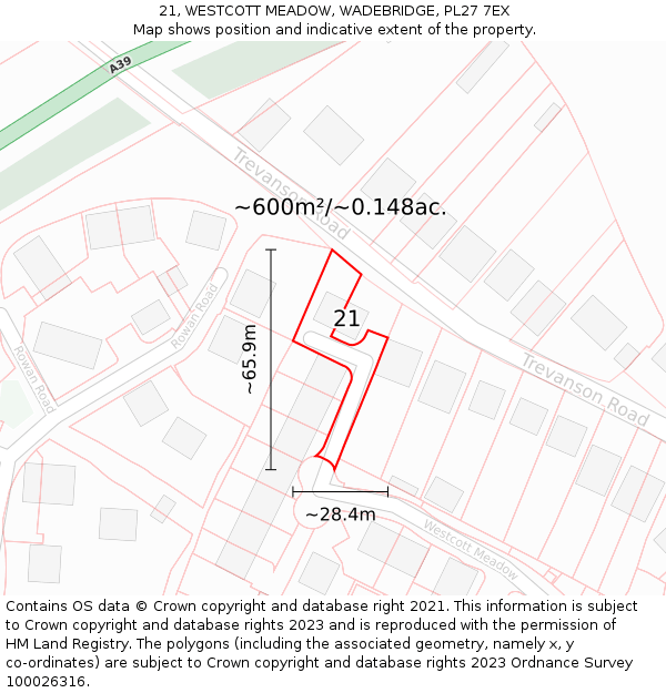 21, WESTCOTT MEADOW, WADEBRIDGE, PL27 7EX: Plot and title map