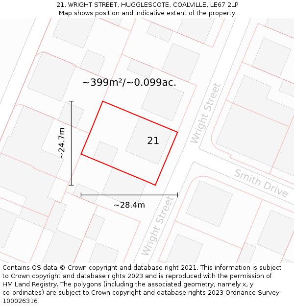 21, WRIGHT STREET, HUGGLESCOTE, COALVILLE, LE67 2LP: Plot and title map