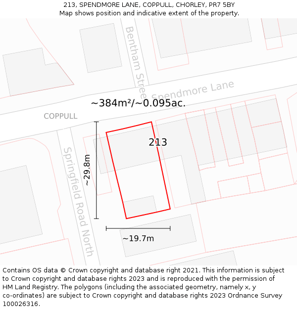 213, SPENDMORE LANE, COPPULL, CHORLEY, PR7 5BY: Plot and title map