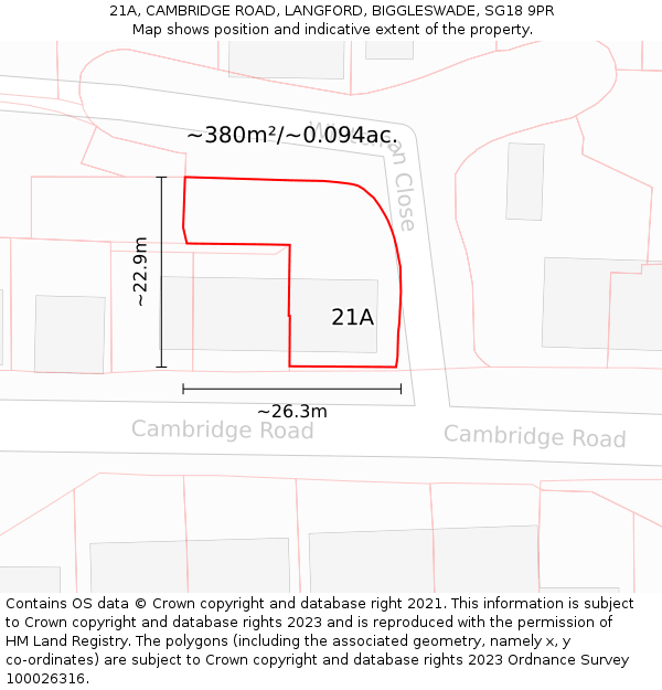 21A, CAMBRIDGE ROAD, LANGFORD, BIGGLESWADE, SG18 9PR: Plot and title map