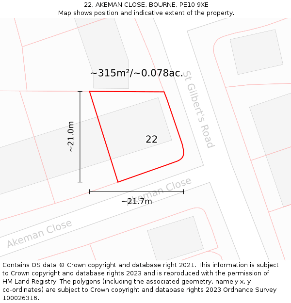 22, AKEMAN CLOSE, BOURNE, PE10 9XE: Plot and title map