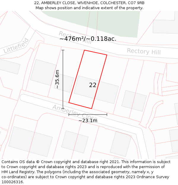 22, AMBERLEY CLOSE, WIVENHOE, COLCHESTER, CO7 9RB: Plot and title map