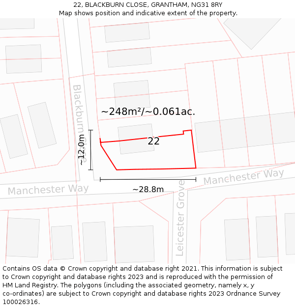 22, BLACKBURN CLOSE, GRANTHAM, NG31 8RY: Plot and title map