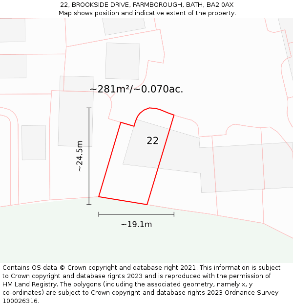 22, BROOKSIDE DRIVE, FARMBOROUGH, BATH, BA2 0AX: Plot and title map